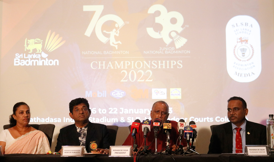 Left to Right Malika Waduge Sri lanka school badminton secretaryRoshan Gunawardene Vise president Sri Lanka BadmintonRohan De Silva Sri Lanka Badminton President Rohana De Si