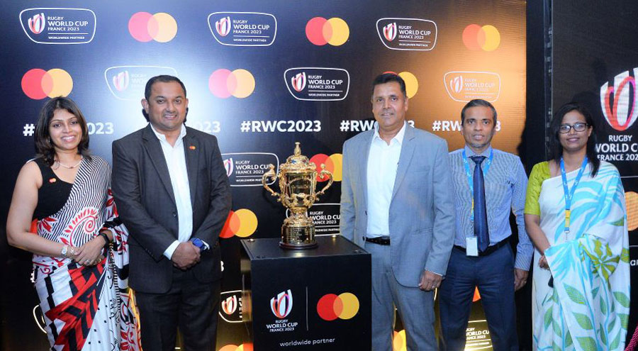 HNB and MasterCard unveils Webb Ellis trophy at HNB Towers