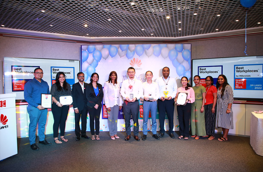 Huawei Sri Lanka CEO Tao Guangyao Sixth from extreme Left Kshanika Ratnayaka Chief Executive Officer Great Place to Work Institute Sri Lanka GPTW 5th from extreme left along with officials from Huawei and GPTW