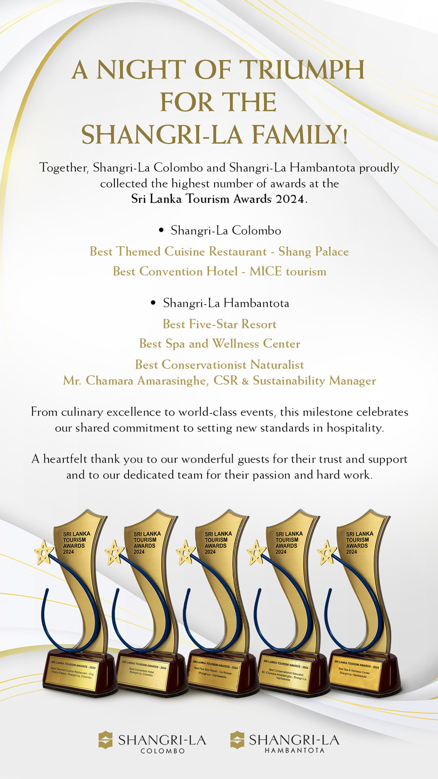 Shangri La Sri Lanka Triumphs with the Highest Number of Awards at Sri Lanka Tourism Awards 2024